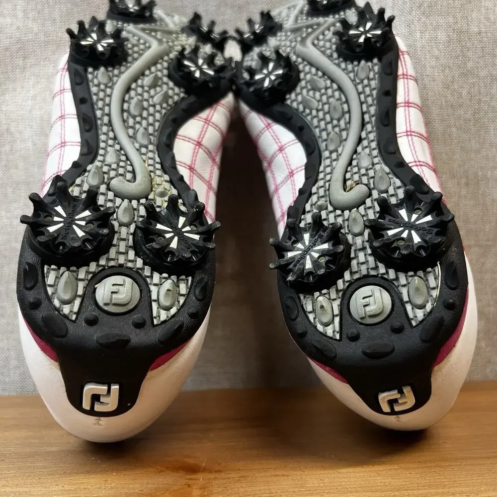 Footjoy Golf Shoes Women’s 8M Pink Plaid Orange Cleats 97222 Lace Up Spikes